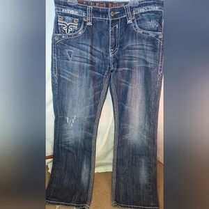Men's Rock Revival Paul Boot Distressed Blue Jean 100% Cotton Sz 34x31 Whiskered